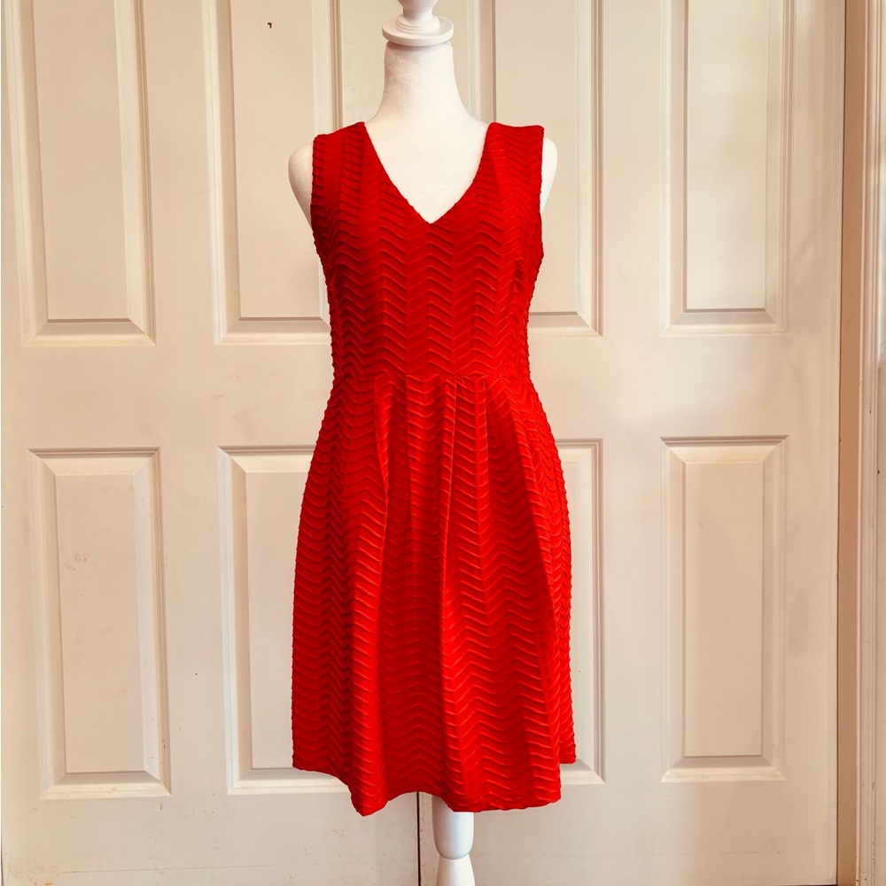 Sleeveless V-Neck Coral Red Textured Fit & Flare Dress